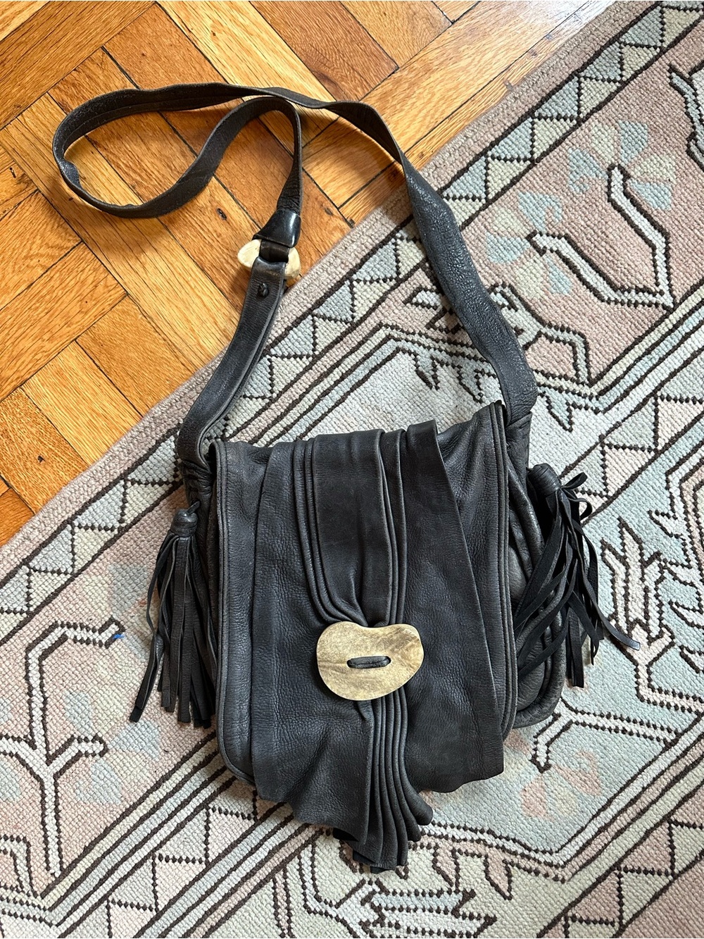 Vintage Black Leather Fringe Crossbody